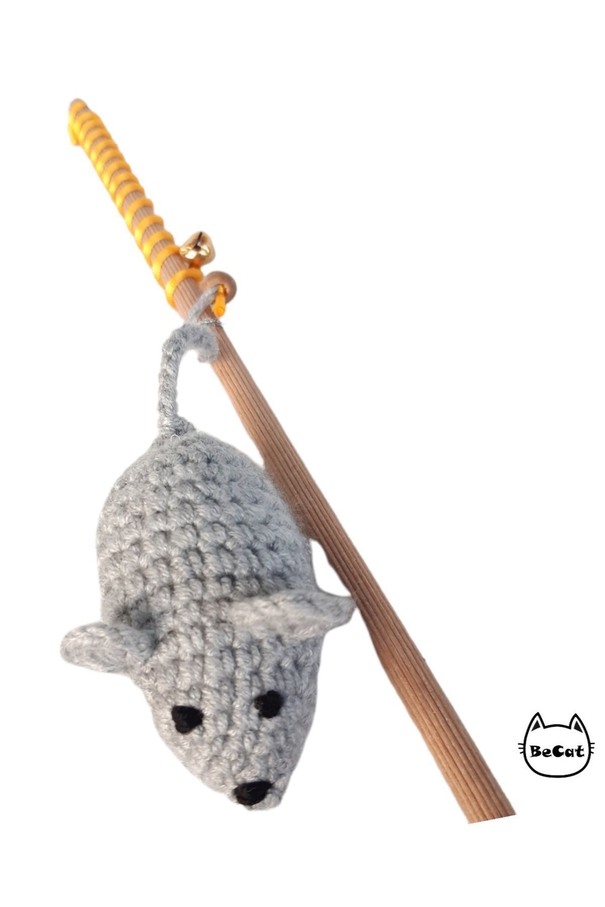 Fare Örgü, Amigurumi Catnipli Oyuncaklı Çanlı Kedi Oltası Oyuncağı - Gri